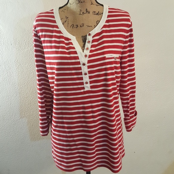 Red and white striped button down shirt. - Picture 2 of 8
